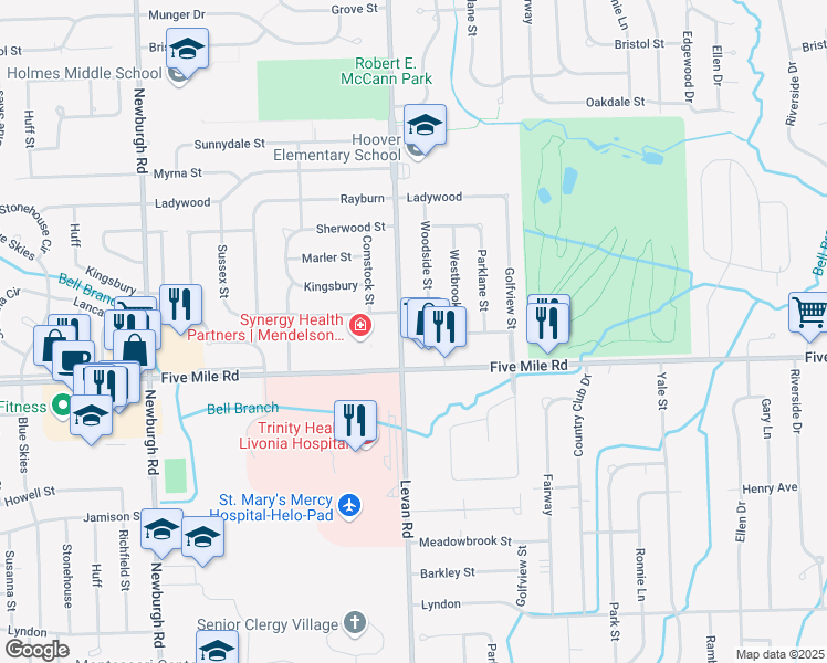 map of restaurants, bars, coffee shops, grocery stores, and more near 15406 Levan Road in Livonia