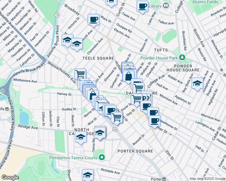 map of restaurants, bars, coffee shops, grocery stores, and more near 43 Campbell Park Place in Somerville