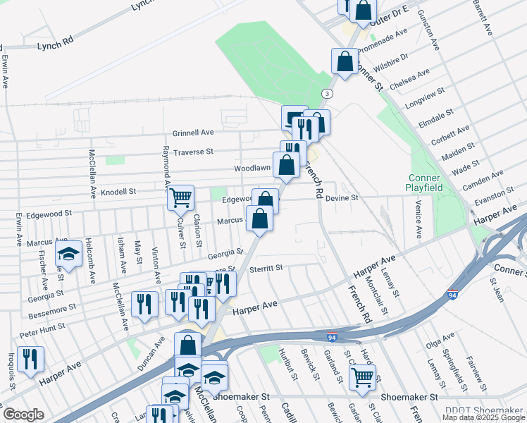map of restaurants, bars, coffee shops, grocery stores, and more near 10281 Gratiot Avenue in Detroit