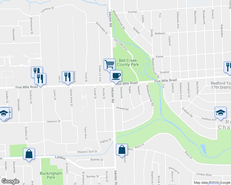 map of restaurants, bars, coffee shops, grocery stores, and more near 15112 Inkster Road in Redford Charter Township