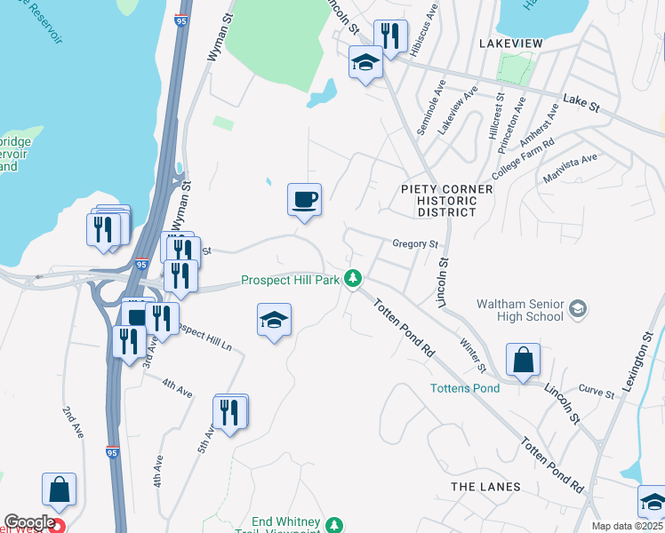 map of restaurants, bars, coffee shops, grocery stores, and more near 214 Winter Street in Waltham