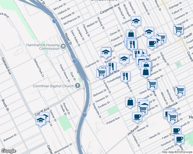 map of restaurants, bars, coffee shops, grocery stores, and more near 2031 Caniff Street in Hamtramck