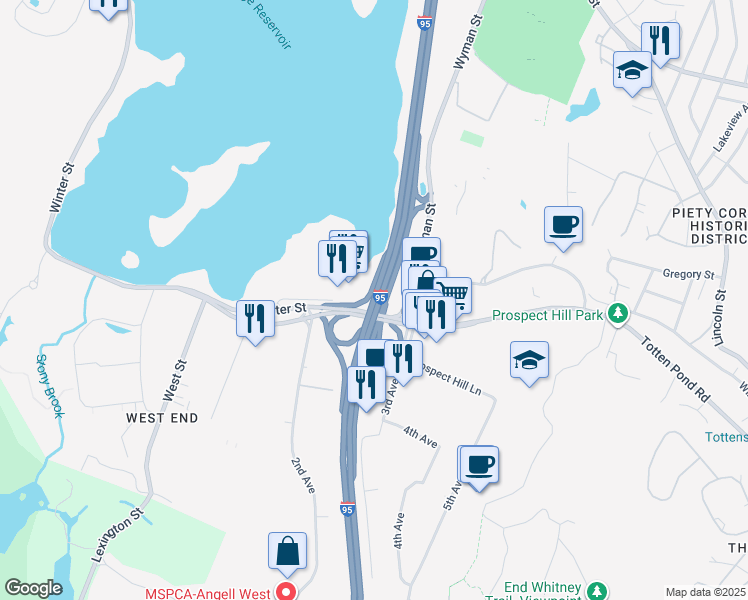 map of restaurants, bars, coffee shops, grocery stores, and more near Yankee Division Highway in Waltham