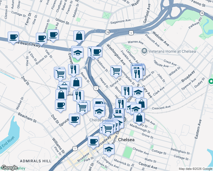 map of restaurants, bars, coffee shops, grocery stores, and more near 81 Heard Street in Chelsea
