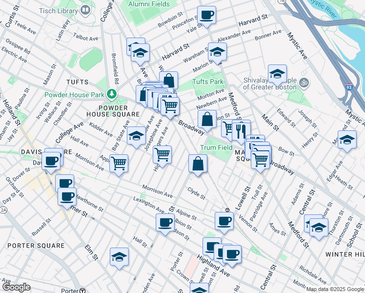 map of restaurants, bars, coffee shops, grocery stores, and more near 90 Prichard Avenue in Somerville