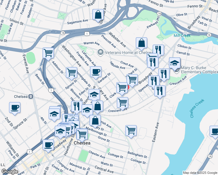 map of restaurants, bars, coffee shops, grocery stores, and more near 7 George Street in Chelsea