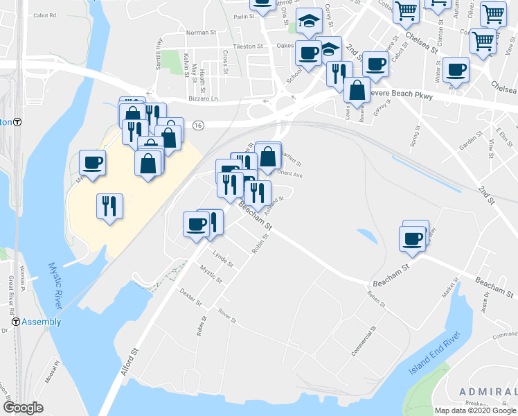 map of restaurants, bars, coffee shops, grocery stores, and more near 23 Beacham Street in Everett