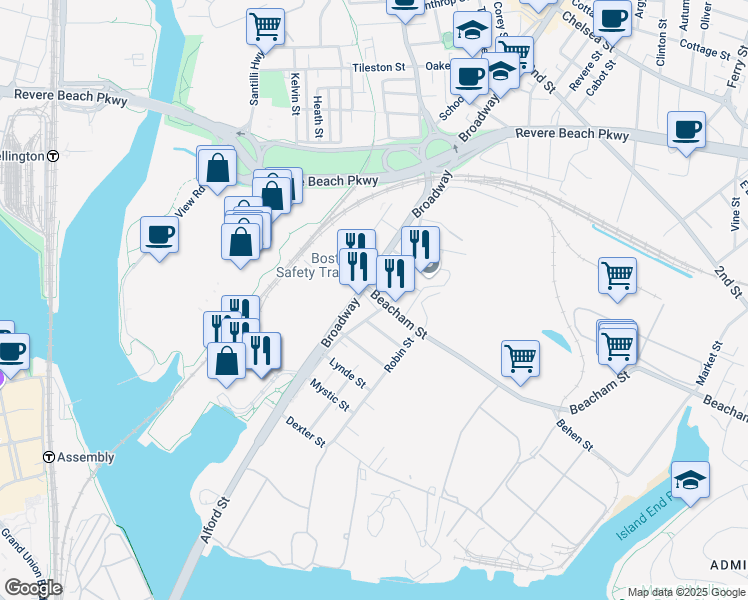 map of restaurants, bars, coffee shops, grocery stores, and more near 107 Broadway in Everett