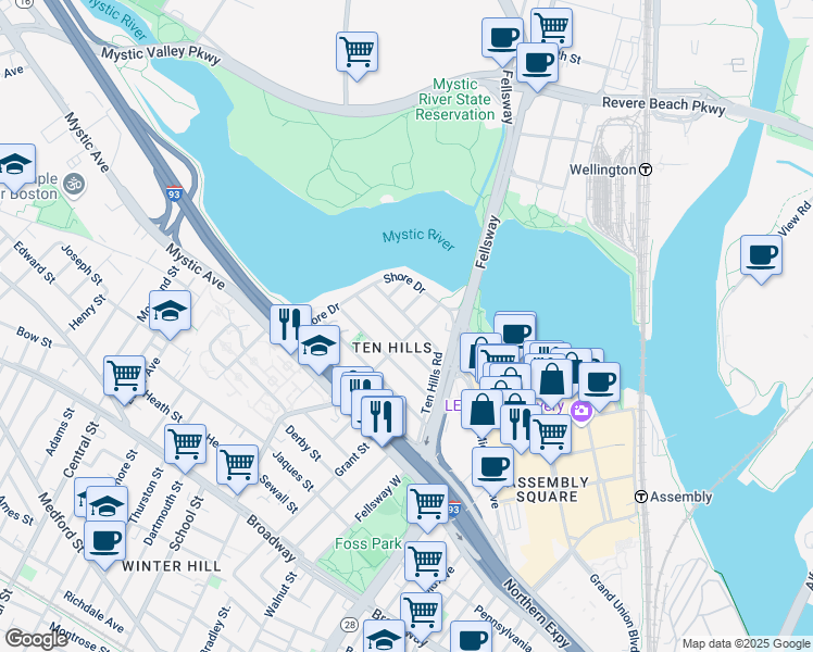 map of restaurants, bars, coffee shops, grocery stores, and more near in Somerville
