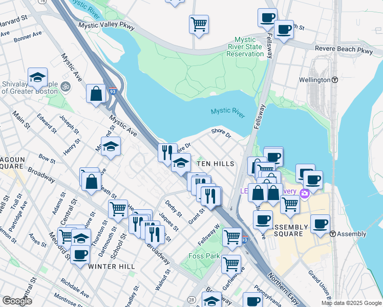 map of restaurants, bars, coffee shops, grocery stores, and more near 114 Governor Winthrop Road in Somerville