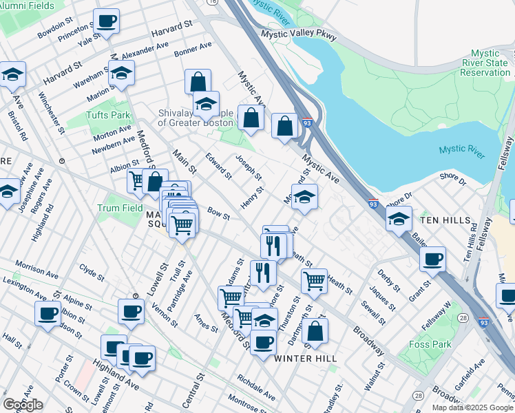 map of restaurants, bars, coffee shops, grocery stores, and more near 25 Fremont Street in Somerville