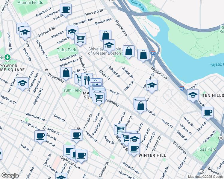 map of restaurants, bars, coffee shops, grocery stores, and more near 89 Bow Street in Medford