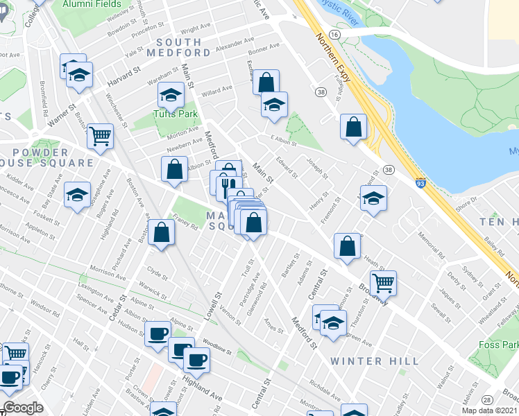 map of restaurants, bars, coffee shops, grocery stores, and more near 14 Strathmore Road in Medford