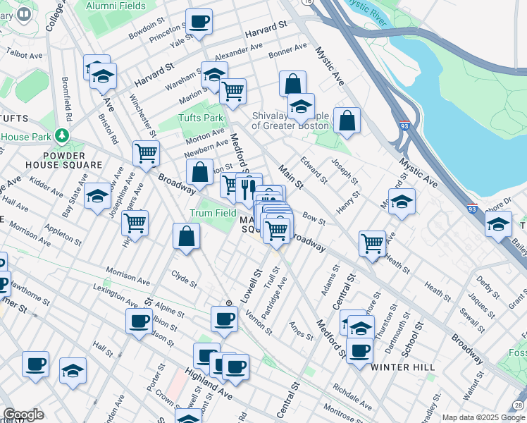 map of restaurants, bars, coffee shops, grocery stores, and more near in Somerville