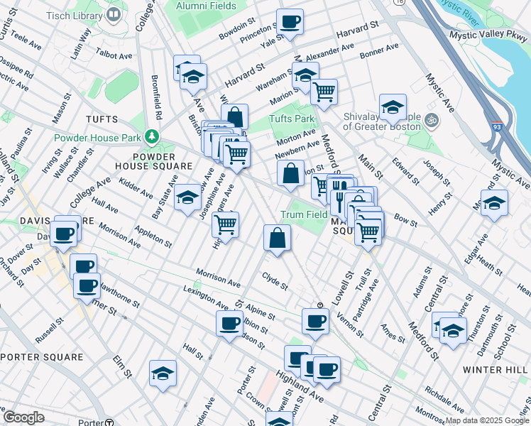 map of restaurants, bars, coffee shops, grocery stores, and more near 272 Cedar Street in Somerville