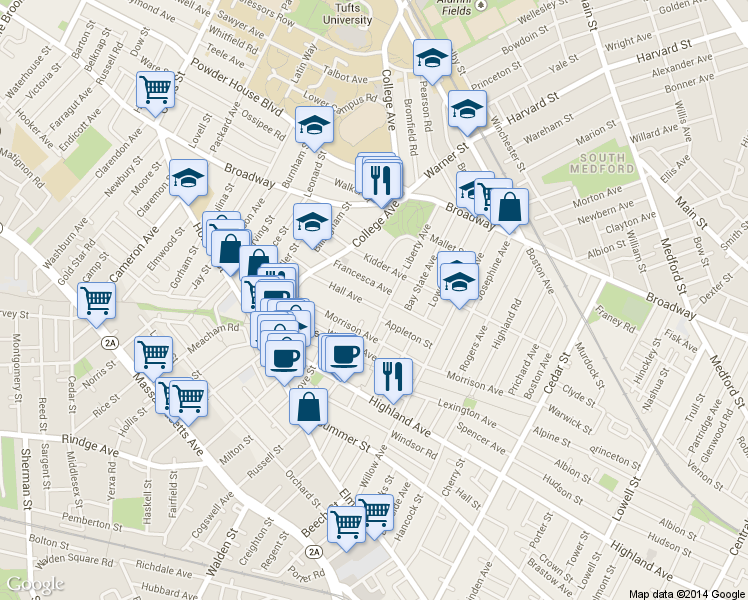 map of restaurants, bars, coffee shops, grocery stores, and more near 63 Hall Avenue in Somerville