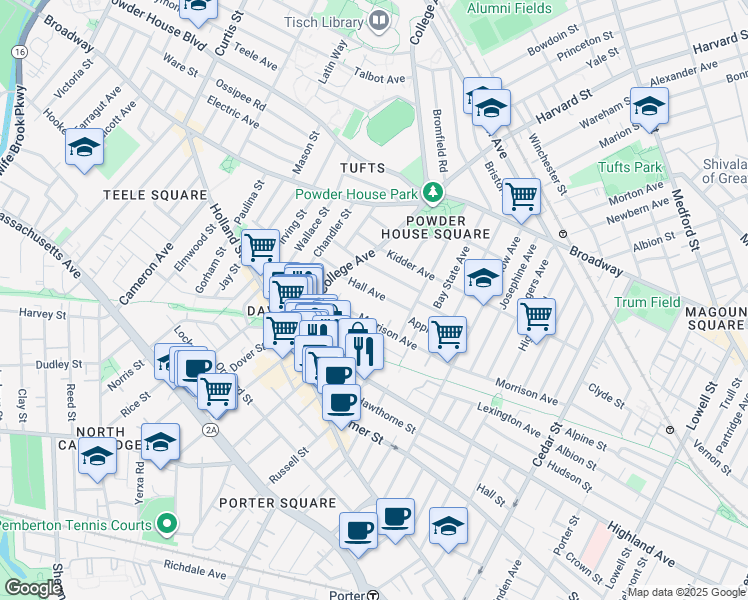 map of restaurants, bars, coffee shops, grocery stores, and more near in Somerville