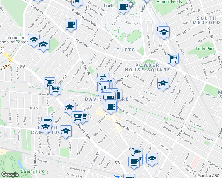 map of restaurants, bars, coffee shops, grocery stores, and more near 10 Winslow Avenue in Somerville