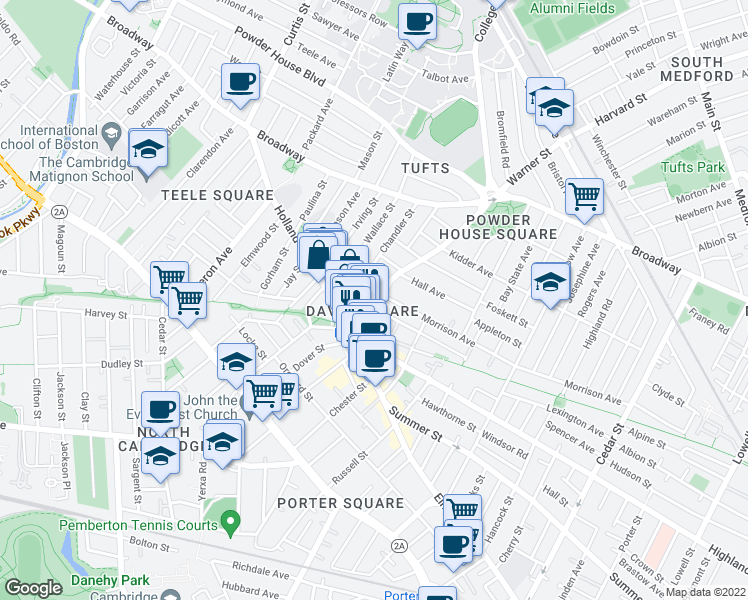 map of restaurants, bars, coffee shops, grocery stores, and more near in Somerville
