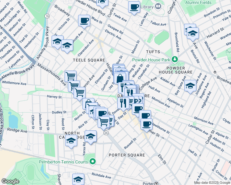 map of restaurants, bars, coffee shops, grocery stores, and more near P3 Howard Street in Somerville