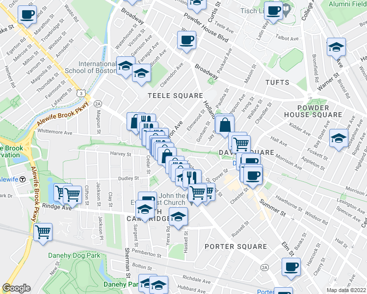 map of restaurants, bars, coffee shops, grocery stores, and more near 51 Locke Street in Cambridge
