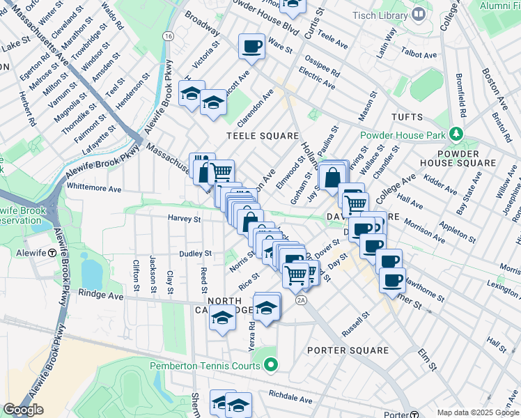 map of restaurants, bars, coffee shops, grocery stores, and more near 51 Locke Street in Cambridge