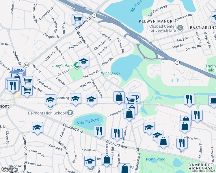 map of restaurants, bars, coffee shops, grocery stores, and more near 20 Eliot Road in Belmont