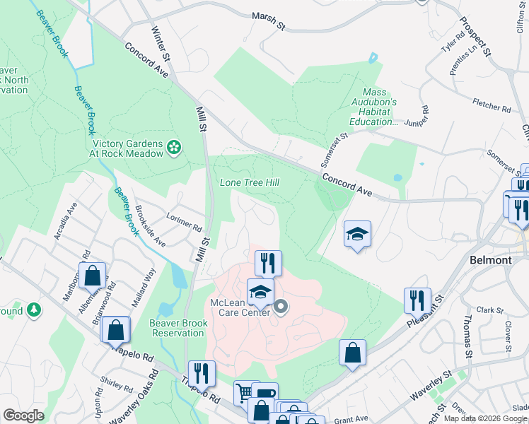 map of restaurants, bars, coffee shops, grocery stores, and more near 29 Summit Road in Belmont