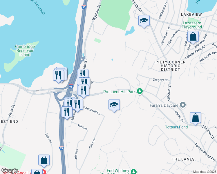 map of restaurants, bars, coffee shops, grocery stores, and more near in Waltham