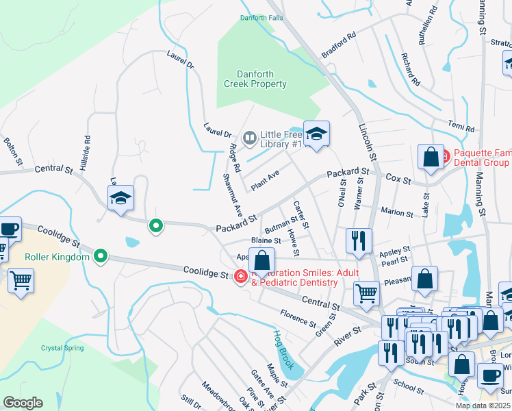 map of restaurants, bars, coffee shops, grocery stores, and more near 45 Packard Street in Hudson