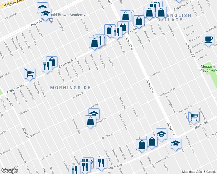 map of restaurants, bars, coffee shops, grocery stores, and more near 4369 Devonshire Road in Detroit