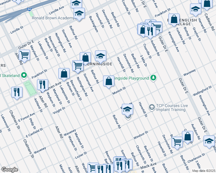 map of restaurants, bars, coffee shops, grocery stores, and more near 4645 Chatsworth Street in Detroit