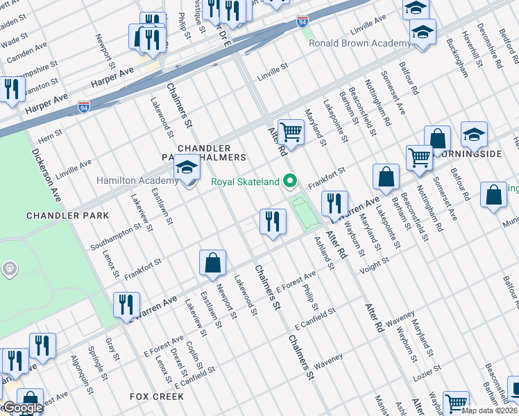 map of restaurants, bars, coffee shops, grocery stores, and more near 14455 Frankfort Street in Detroit