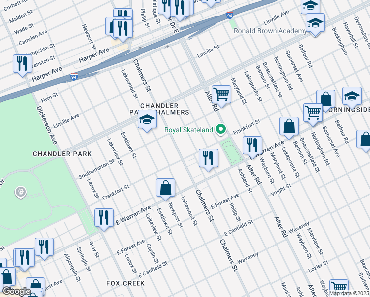 map of restaurants, bars, coffee shops, grocery stores, and more near 14455 Frankfort Street in Detroit
