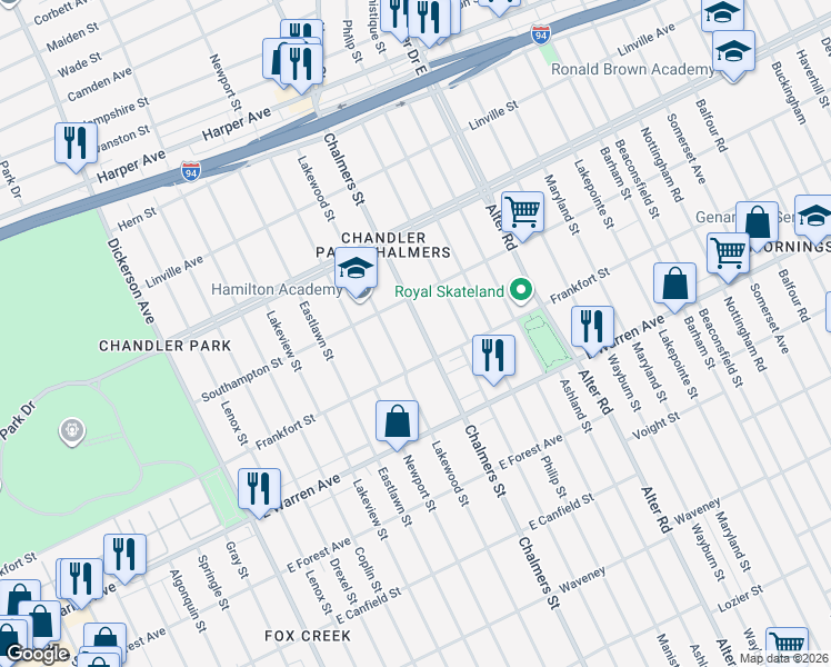 map of restaurants, bars, coffee shops, grocery stores, and more near 5235 Chalmers Street in Detroit
