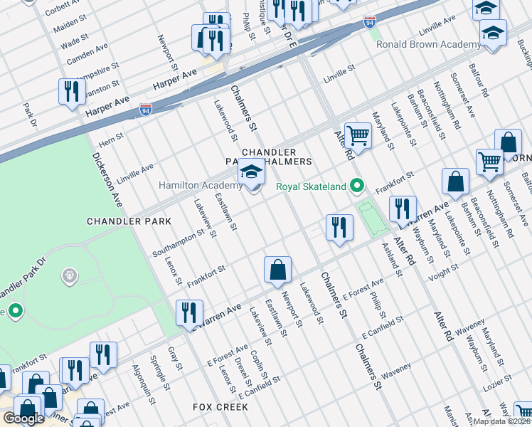 map of restaurants, bars, coffee shops, grocery stores, and more near 5269 Lakewood Street in Detroit