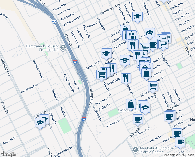 map of restaurants, bars, coffee shops, grocery stores, and more near 2031 Caniff Street in Hamtramck