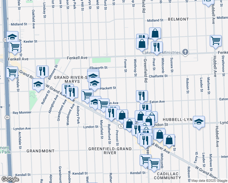 map of restaurants, bars, coffee shops, grocery stores, and more near 14860 Rutherford Street in Detroit