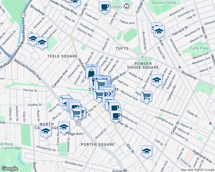 map of restaurants, bars, coffee shops, grocery stores, and more near in Somerville