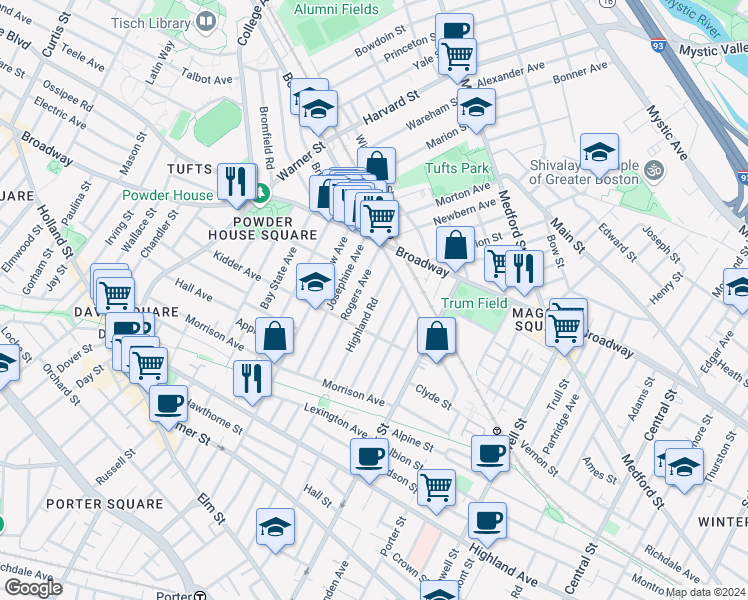 map of restaurants, bars, coffee shops, grocery stores, and more near 104 Highland Road in Somerville