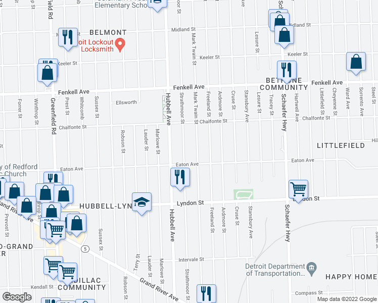 map of restaurants, bars, coffee shops, grocery stores, and more near 14852 Strathmoor Street in Detroit