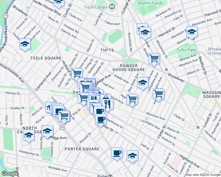 map of restaurants, bars, coffee shops, grocery stores, and more near in Somerville