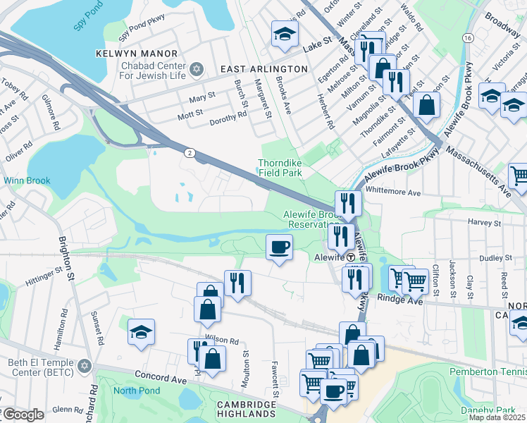 map of restaurants, bars, coffee shops, grocery stores, and more near 10 Acorn Park Drive in Cambridge