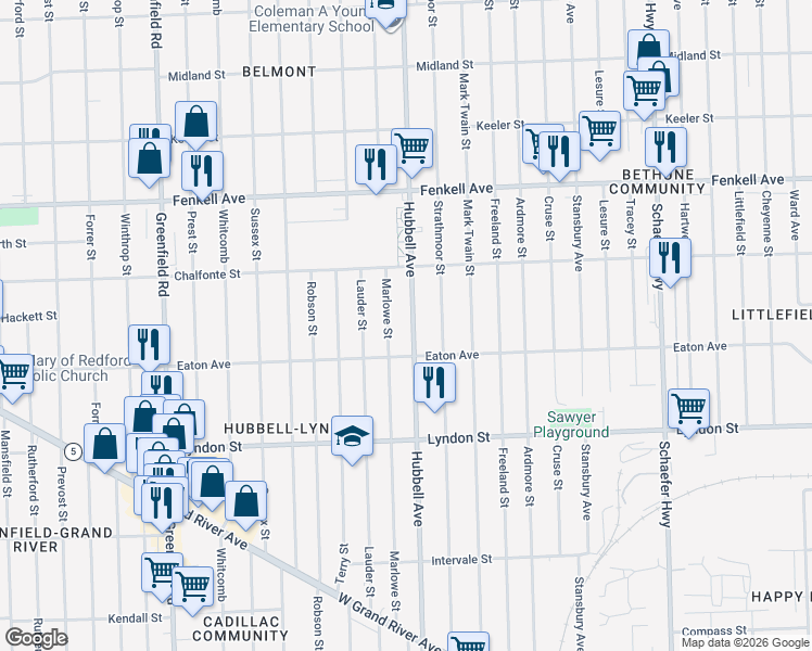 map of restaurants, bars, coffee shops, grocery stores, and more near 14828 Hubbell Avenue in Detroit