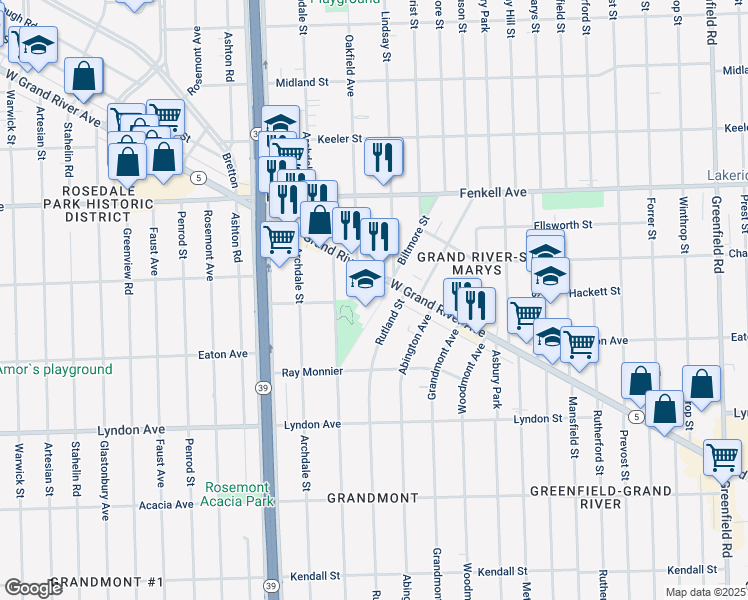map of restaurants, bars, coffee shops, grocery stores, and more near 17045 Grand River Avenue in Detroit