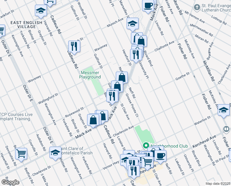 map of restaurants, bars, coffee shops, grocery stores, and more near 3550 Guilford Street in Detroit