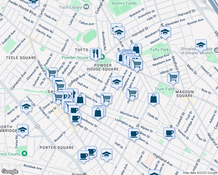 map of restaurants, bars, coffee shops, grocery stores, and more near 200 Willow Avenue in Somerville