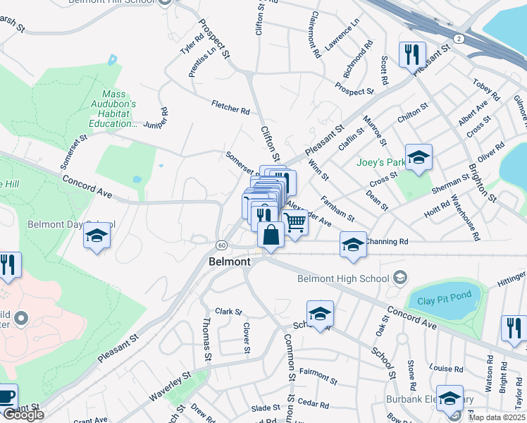 map of restaurants, bars, coffee shops, grocery stores, and more near 61 Leonard Street in Belmont