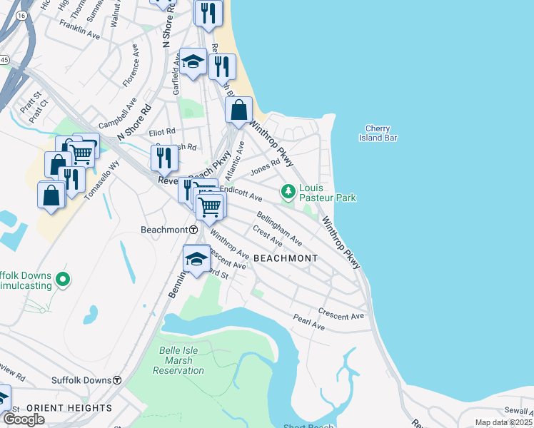 map of restaurants, bars, coffee shops, grocery stores, and more near 104 Bellingham Avenue in Revere