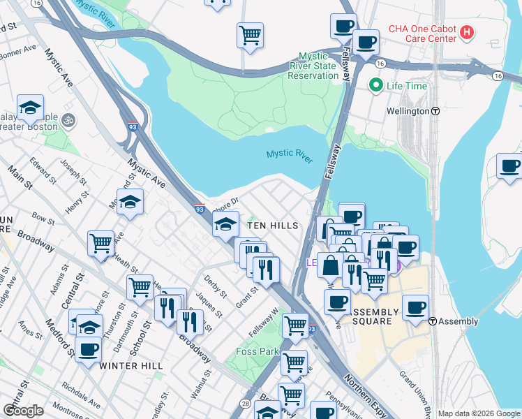 map of restaurants, bars, coffee shops, grocery stores, and more near 75 Puritan Road in Somerville